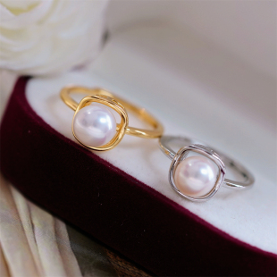 DIY珍珠配件 18K包金铜厚镀金M家方形素圈戒指半成品 金色银色