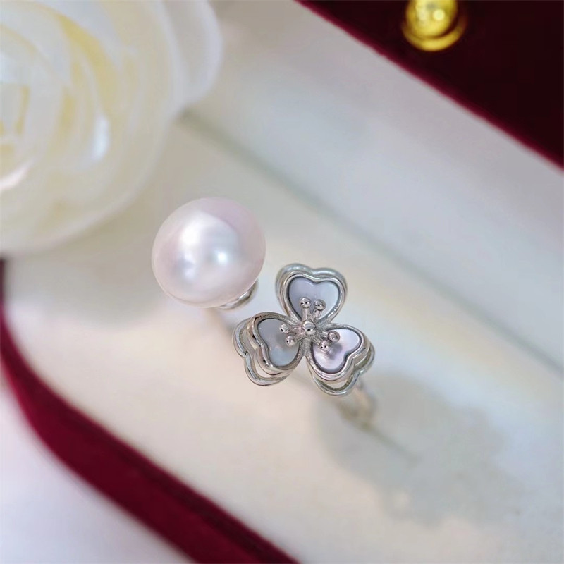 DIY珍珠配件 S925纯银双层立体贝壳幸运草开口戒指半成品 8-11mm