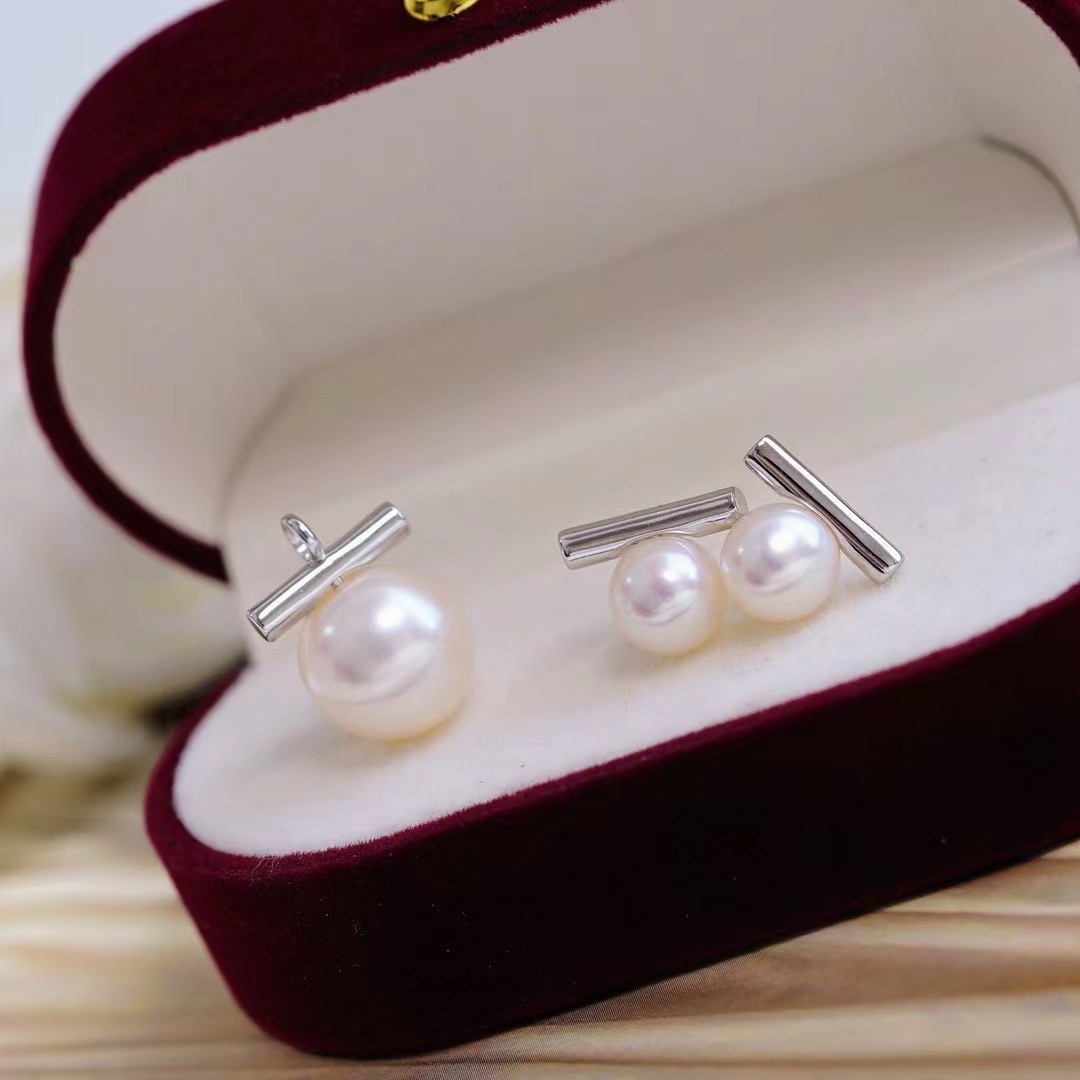 DIY珍珠配件 S925纯银T家平衡木系列吊坠耳钉套装半成品 金色银色