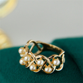 DIY珍珠配件 S925纯银复古镂空多珠戒指指环可调节半成品手工银托