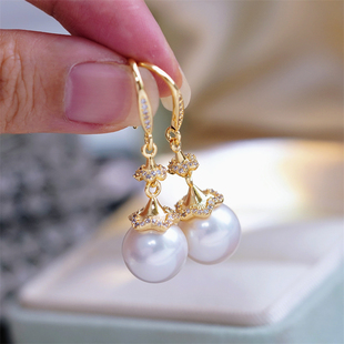 DIY珍珠配件 18K包金铜厚镀金公主裙摆耳环耳钩半成品 10-14mm