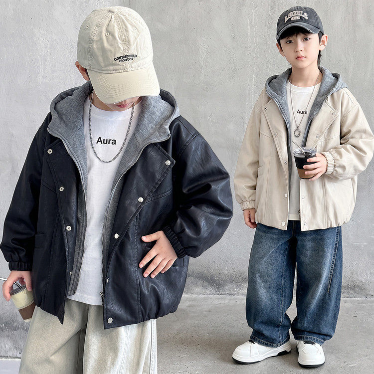 男童连帽皮衣夹克春秋外套
