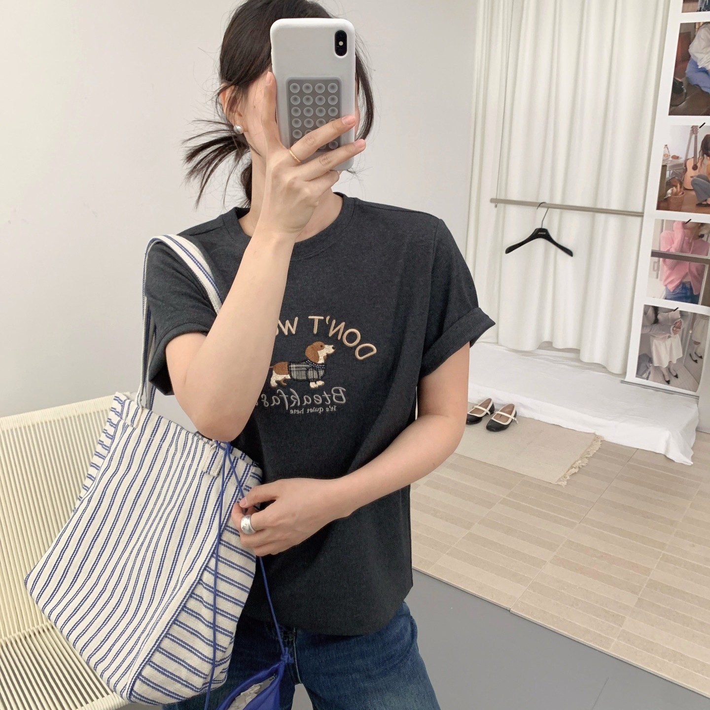 韩系珠绣腊肠狗加厚短袖T恤女纯棉宽松显瘦圆领立体刺绣上衣体恤