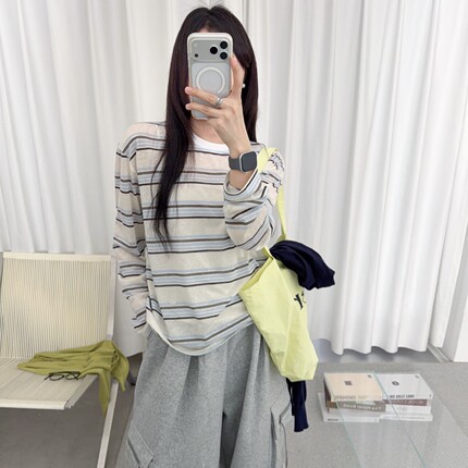韩版复古条纹防晒长袖T恤女夏季薄款宽松显瘦气质减龄上衣26新款