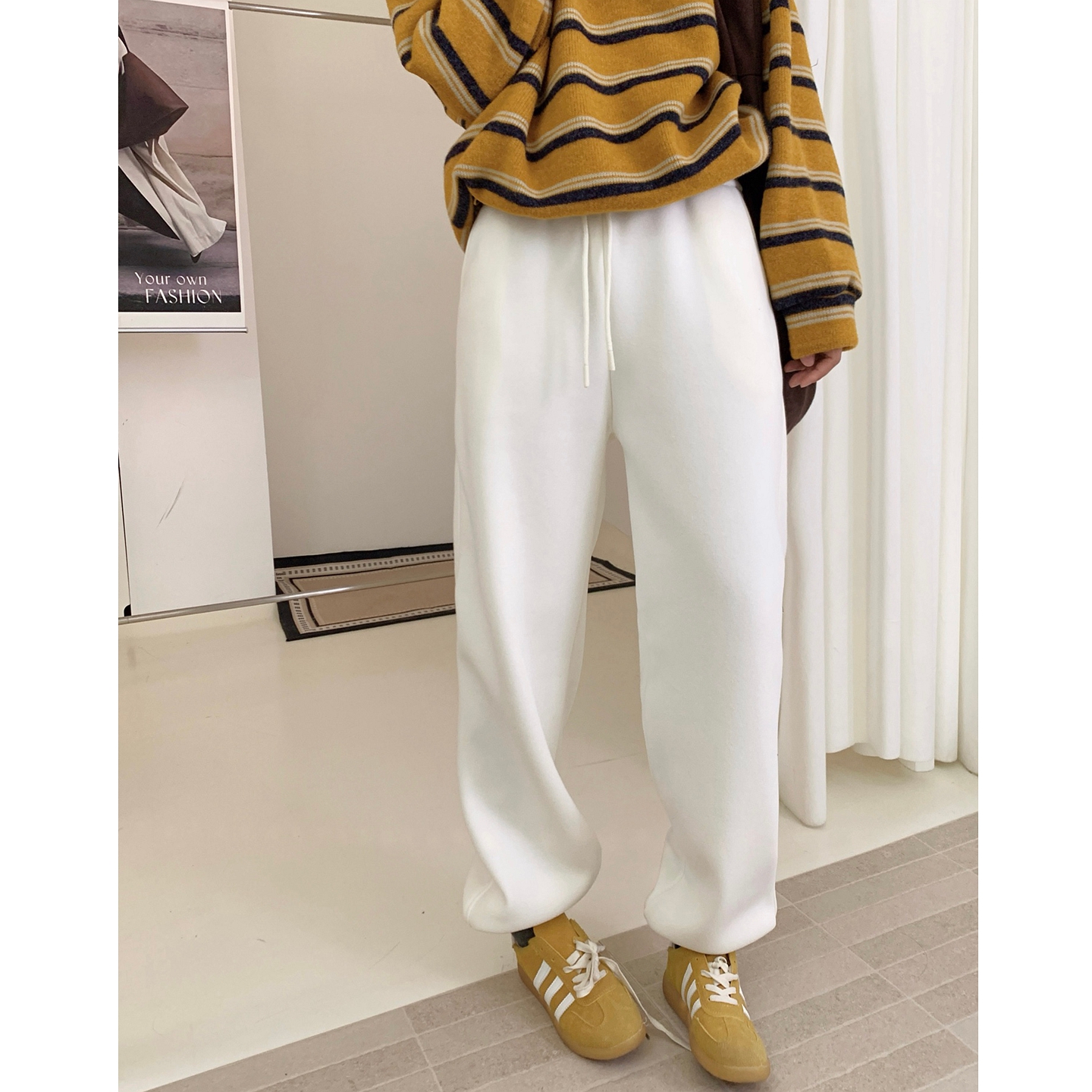 韩式休闲风抽绳束脚卫裤女加绒厚