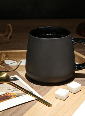 轻奢欧式黑色马克杯子陶瓷家用喝水杯配盖勺大容量黑银撞色咖啡杯