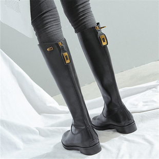 ann骑士靴女2021新款 高筒真皮不过膝长筒马靴平底显瘦加绒长靴子