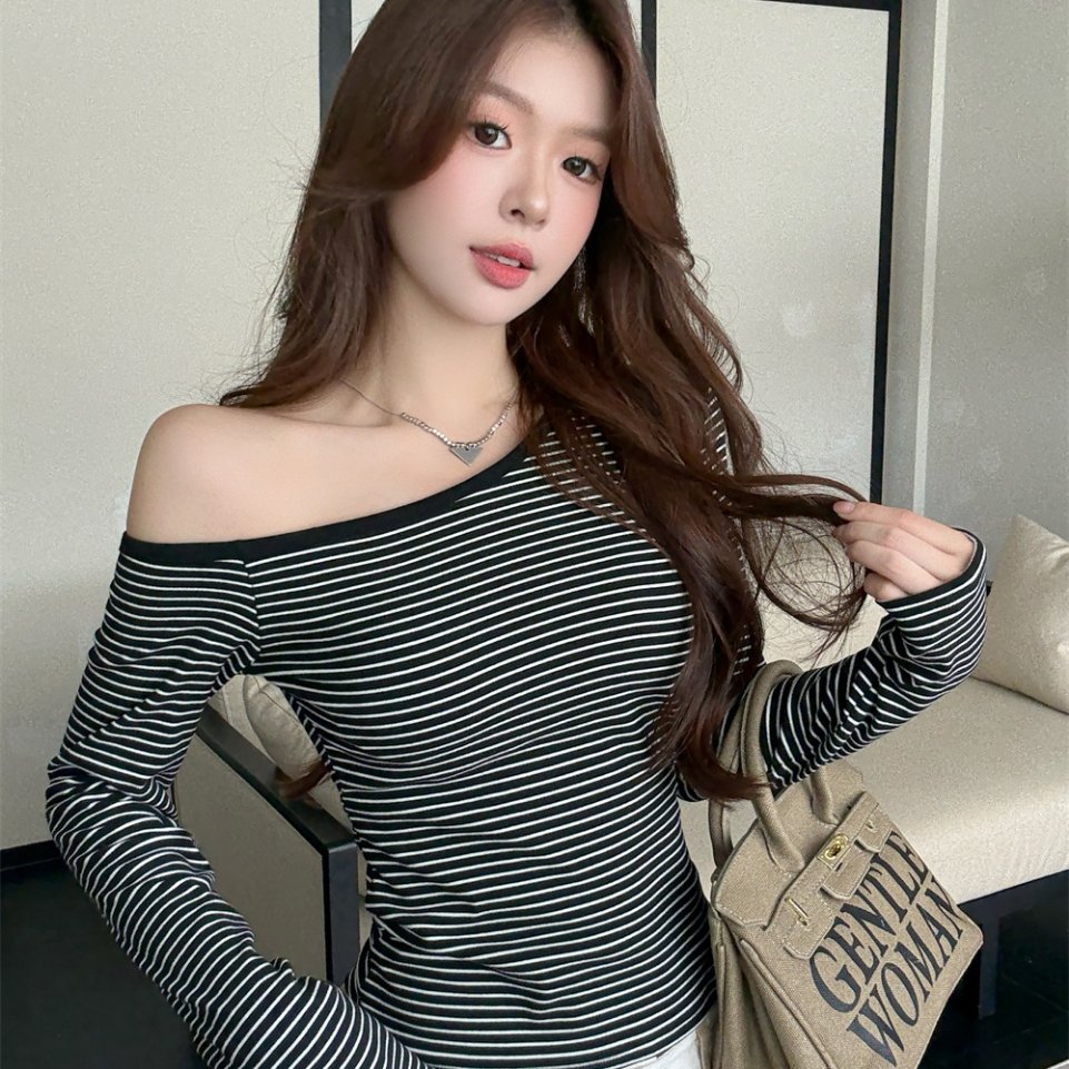 黑色条纹斜肩羊绒保暖长袖T恤女秋冬内搭外穿带胸垫打底衫上衣潮