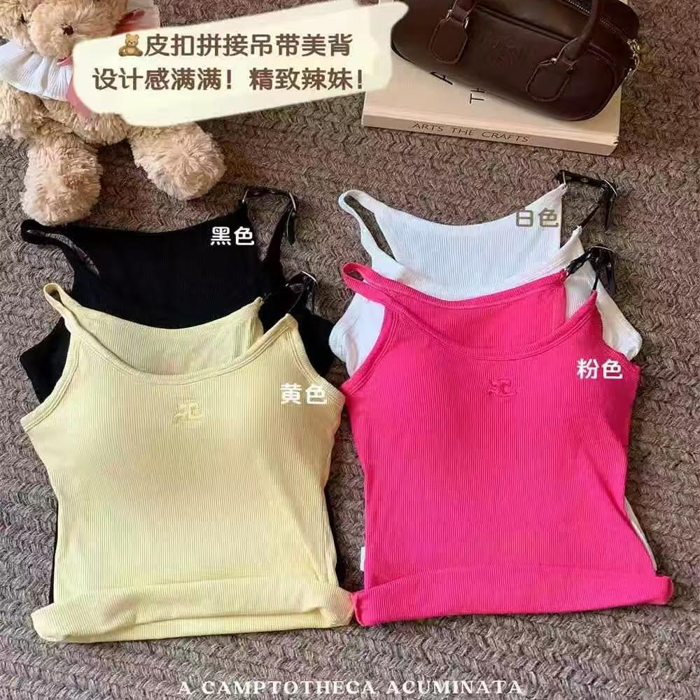 美式辣妹风皮扣拼接吊带背心上衣