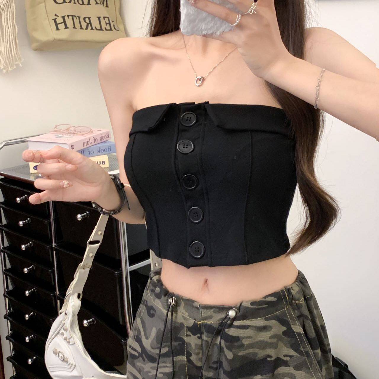 纯欲风性感辣妹纽扣翻领抹胸背心