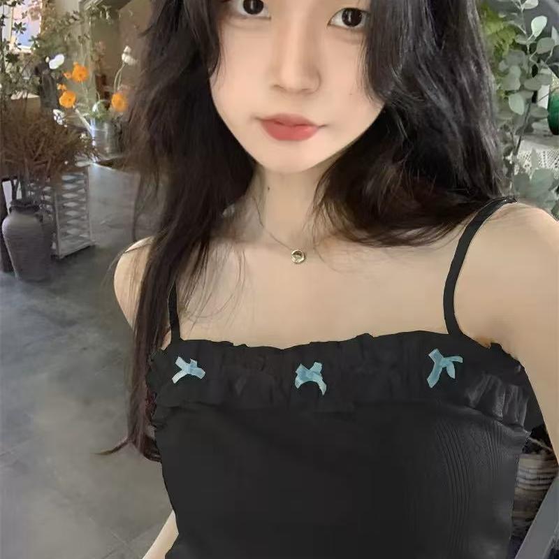 纯欲风蝴蝶结木耳边吊带背心上衣