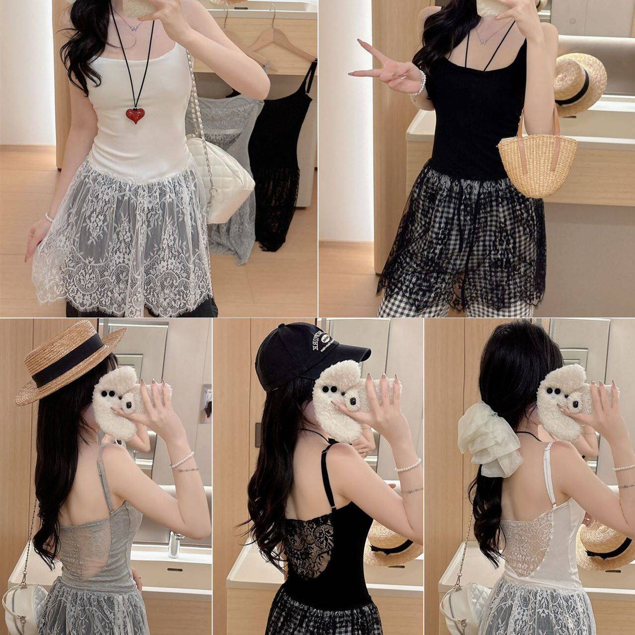 纯欲风性感叠穿蕾丝吊带长裙背心女带胸垫内搭修身显瘦美背上衣夏