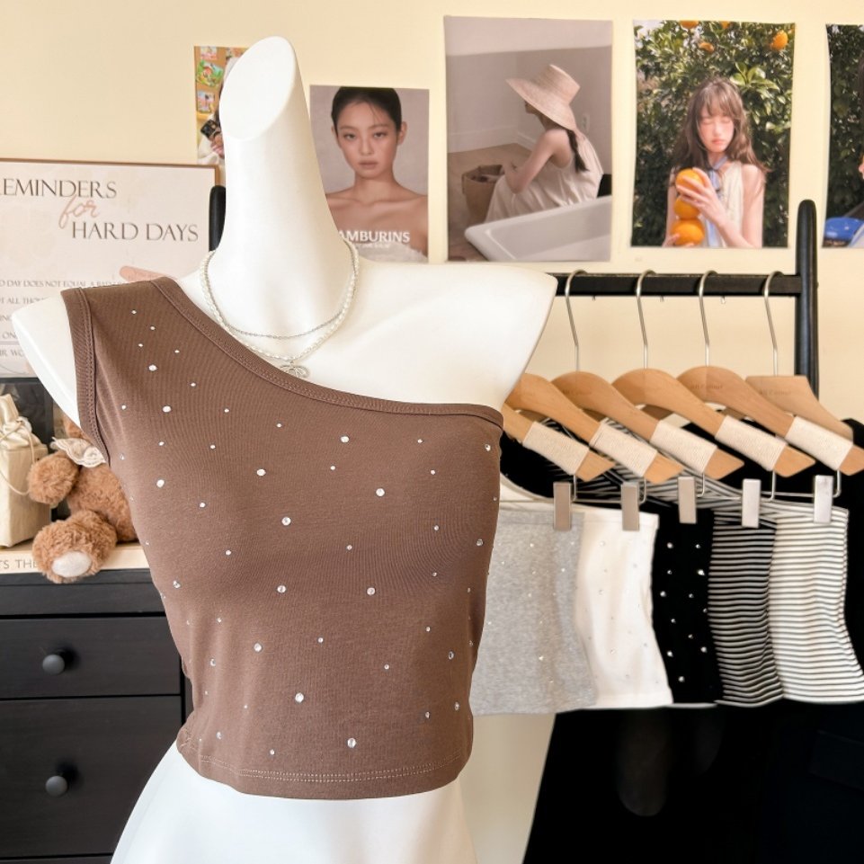 性感烫钻单肩吊带背心女夏季内搭外穿带胸垫修身百搭短款美背上衣