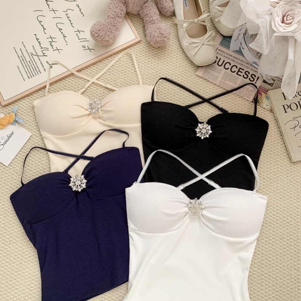 纯欲风磨毛交叉吊带背心女秋冬季内搭带胸垫美背打底衫保暖上衣潮