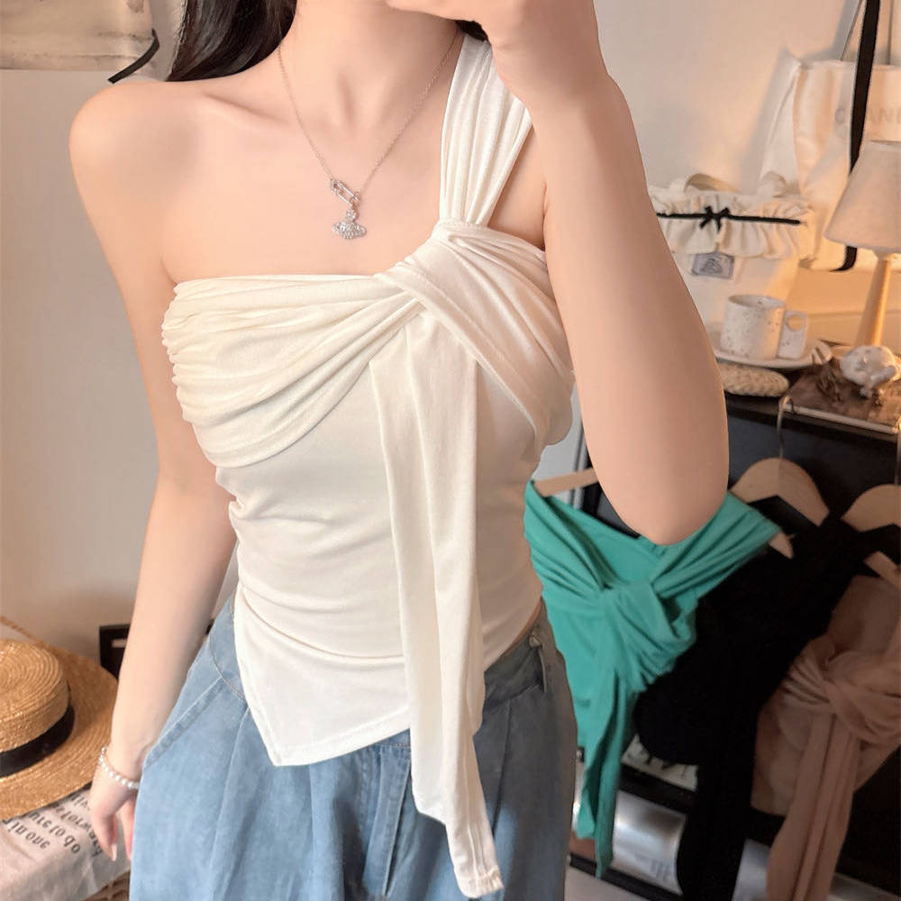 设计感单肩吊带背心女夏季内搭外穿带胸垫不对称小众个性美背上衣