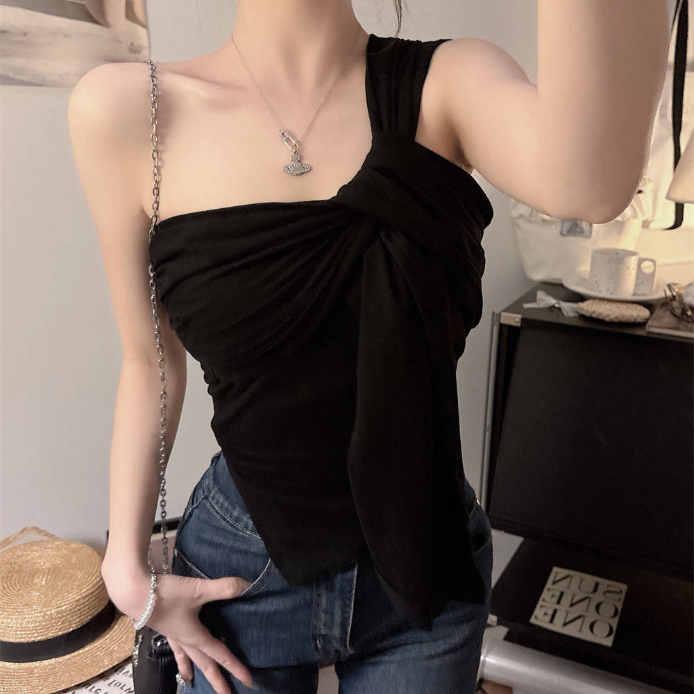 性感不对称扭结单肩吊带背心女夏季设计感内搭外穿带胸垫美背上衣