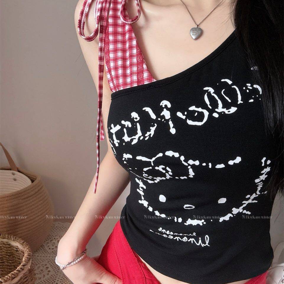 美式斜肩kitty印花绑带短袖t恤夏