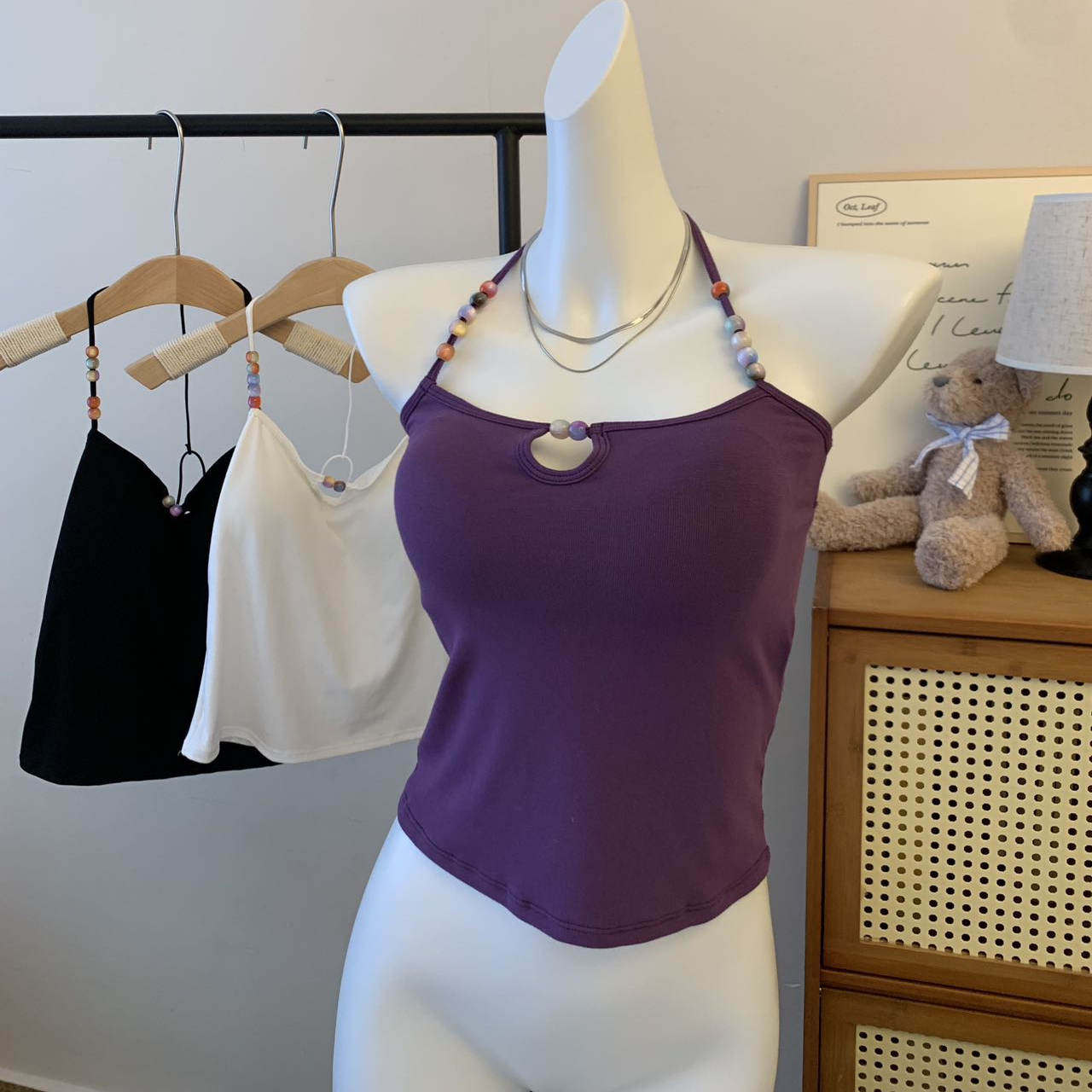 纯欲风性感辣妹串珠挂脖吊带背心女设计感内搭外穿带胸垫美背上衣