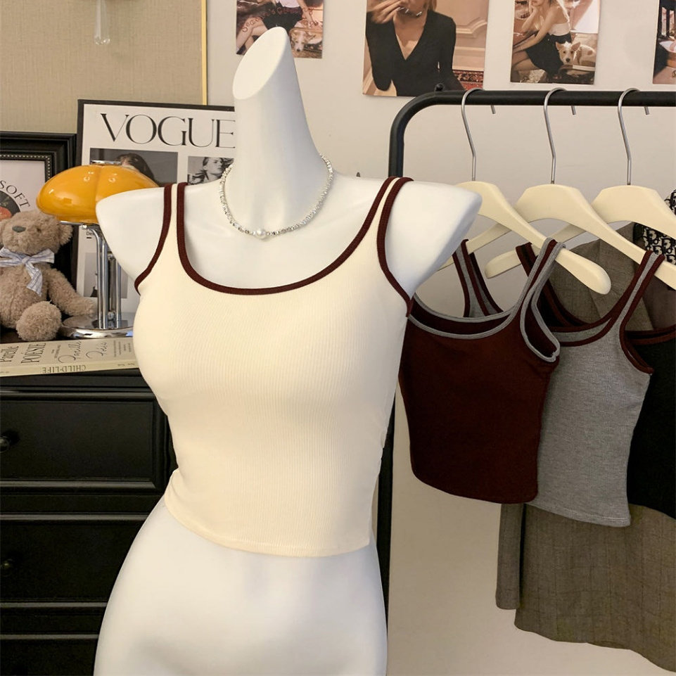 撞色磨毛吊带背心女秋冬季内搭带胸垫修身显瘦百搭打底衫保暖上衣