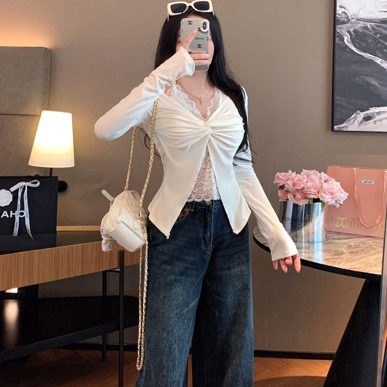 纯欲蕾丝拼接挂脖假两件长袖T恤