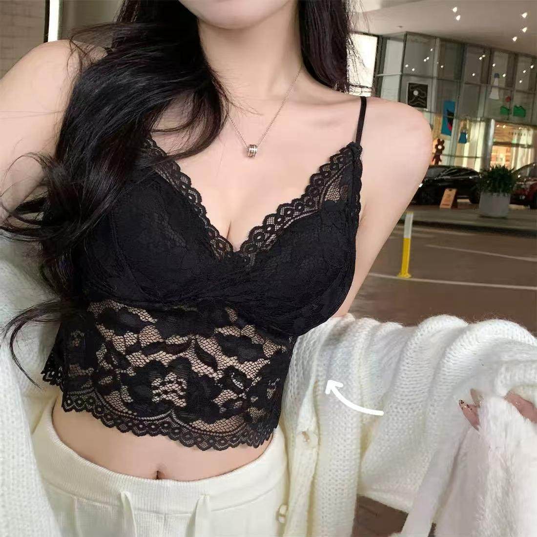 纯欲风性感蕾丝吊带背心女带胸垫内搭外穿打底美背辣妹抹胸上衣潮