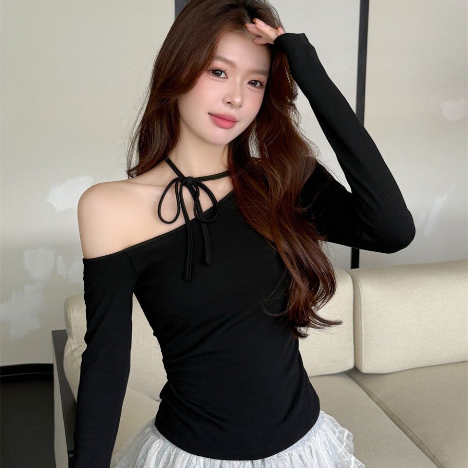 磨毛黑色斜领露肩挂脖系带长袖T恤女秋冬内搭外穿带胸垫百搭上衣