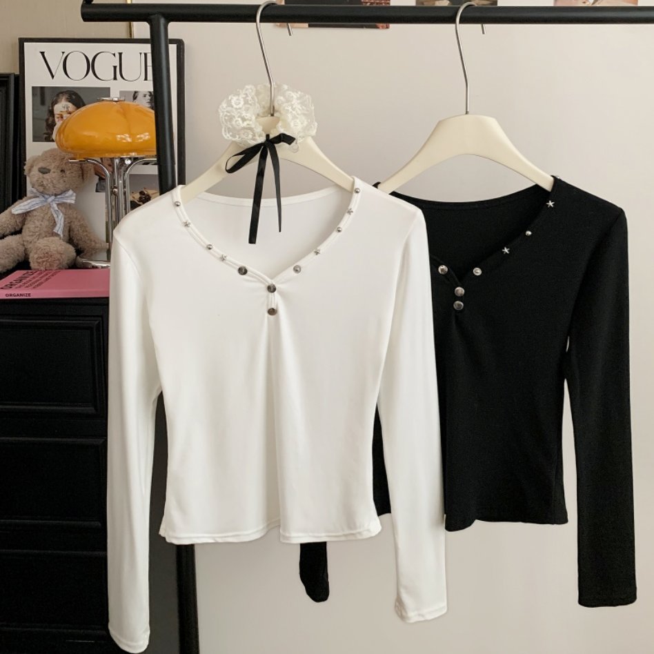 韩版铆钉V领长袖T恤女内搭外穿休闲百搭修身高级感气质打底衫上衣