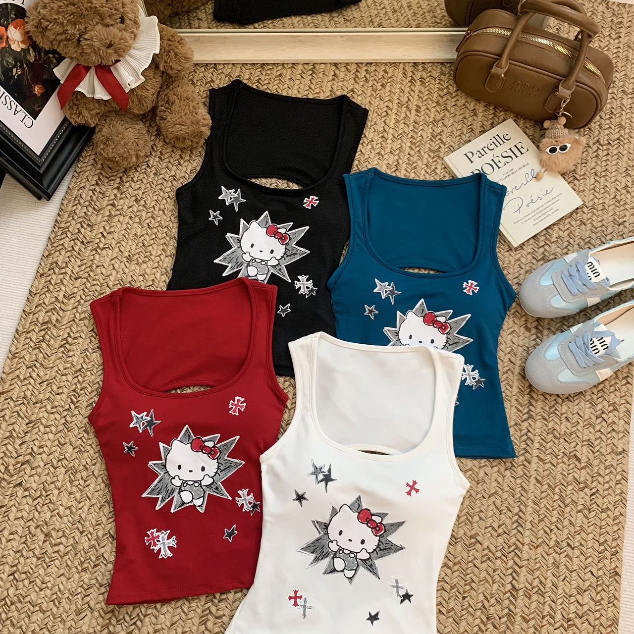 纯欲风性感kt猫印花镂空吊带背心