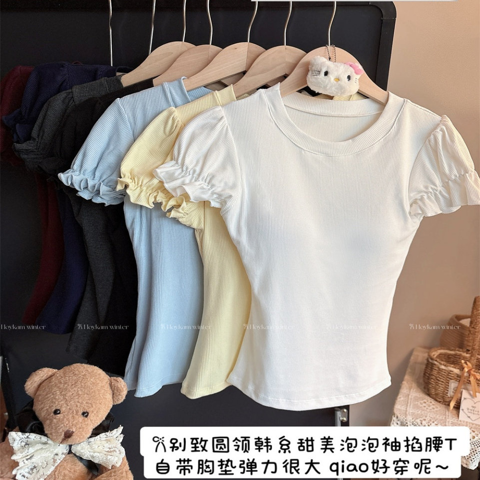 韩系甜美辣妹泡泡袖短袖T恤上衣