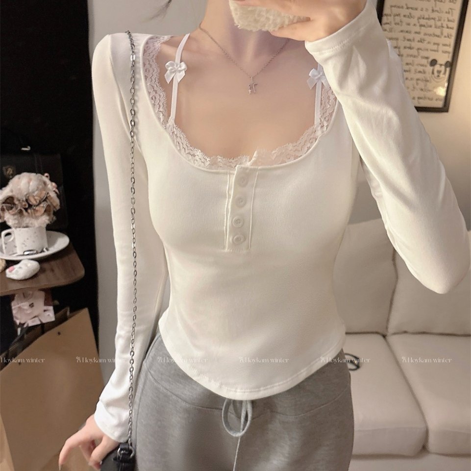 秋冬季蕾丝方领磨毛长袖打底衫女内搭带胸垫修身显瘦百搭保暖上衣