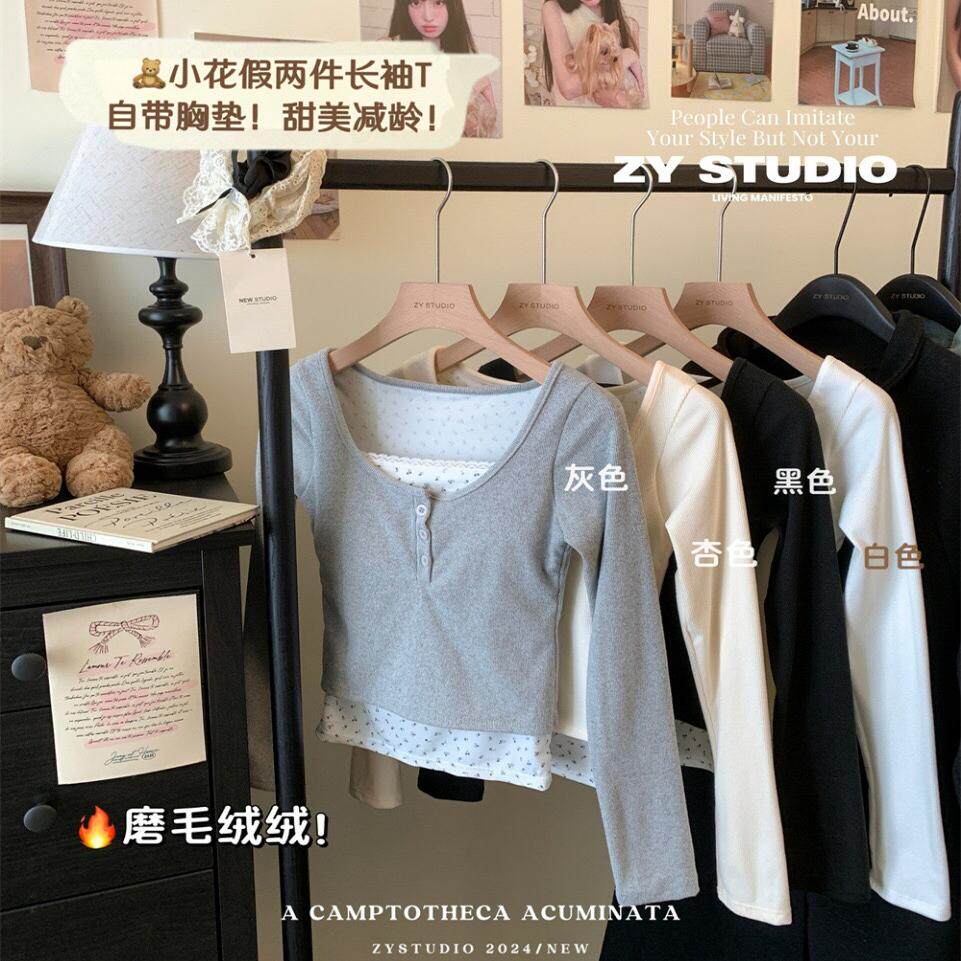 德绒假两件长袖T恤碎花蕾丝拼接