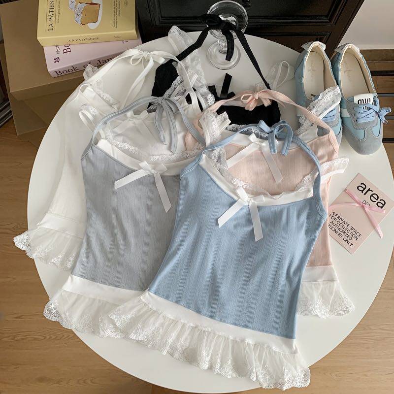 纯欲风性感辣妹蕾丝拼接挂脖吊带背心女内搭外穿美背带胸垫上衣夏