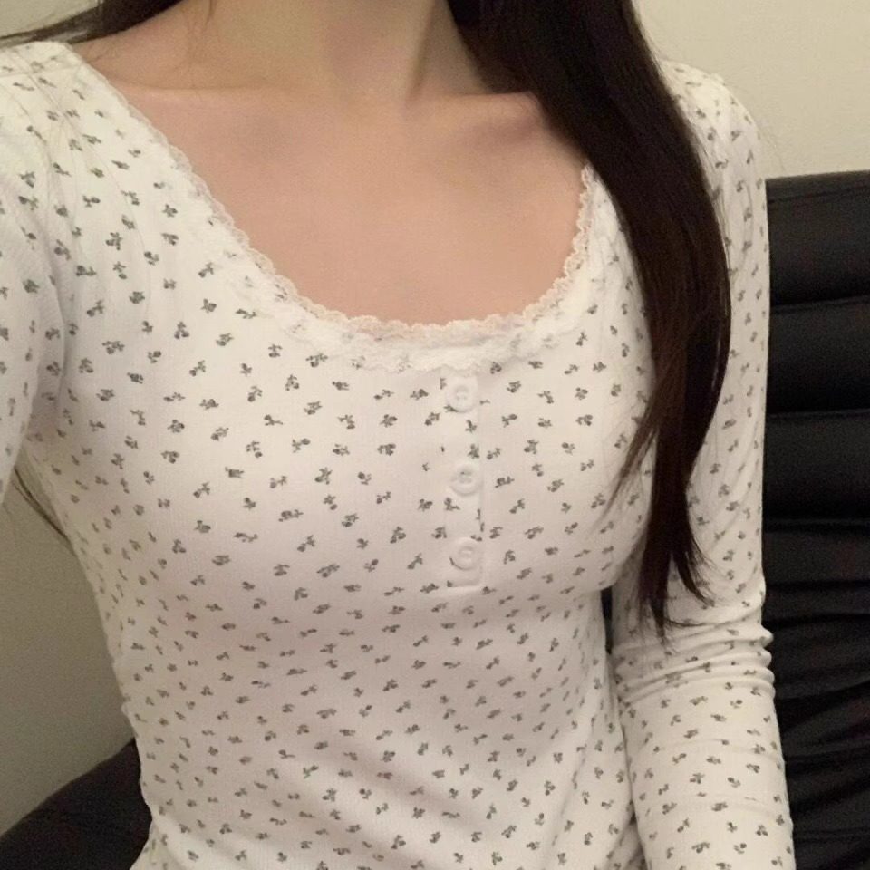 纯欲性感小碎花蕾丝边长袖T恤