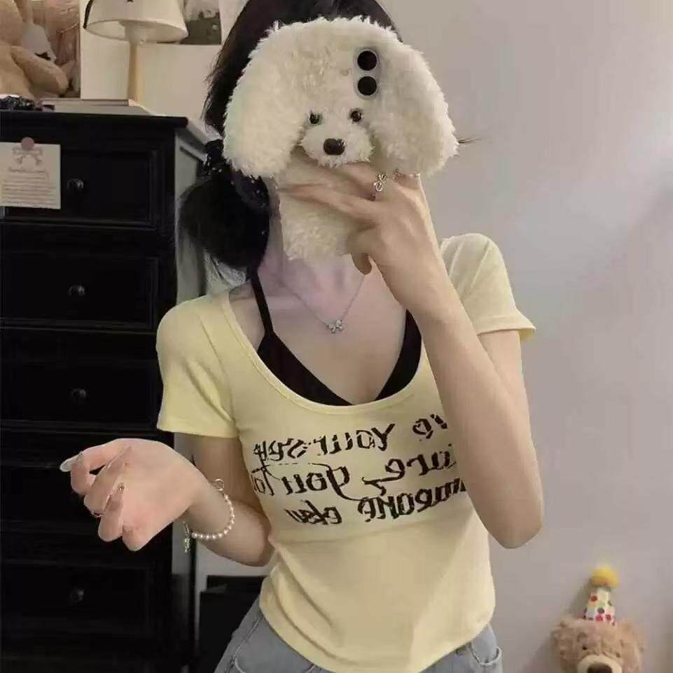 美式复古假两件短袖t恤女带胸垫纯欲设计感修身短款甜辣小上衣夏