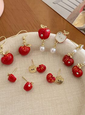 趣味红色苹果系列耳环女银针甜美精致设计感节日氛围流苏