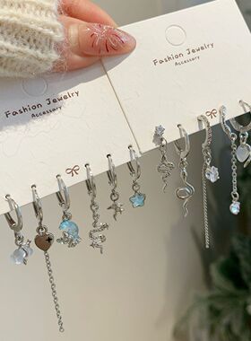 新款极光幻彩蓝色小蛇耳扣套装女银针不规则个性耳环甜酷极简