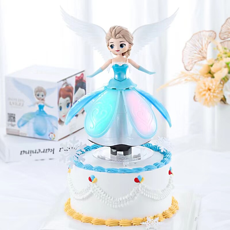 儿童节蛋糕装饰旋转音乐盒艾莎公主摆件创意梦幻女孩生日烘焙装扮