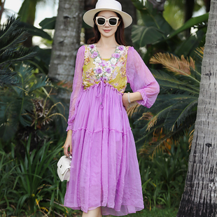 拜占庭的森林真丝桑蚕丝连衣裙高端大牌时尚拼接洋气质收腰中长款