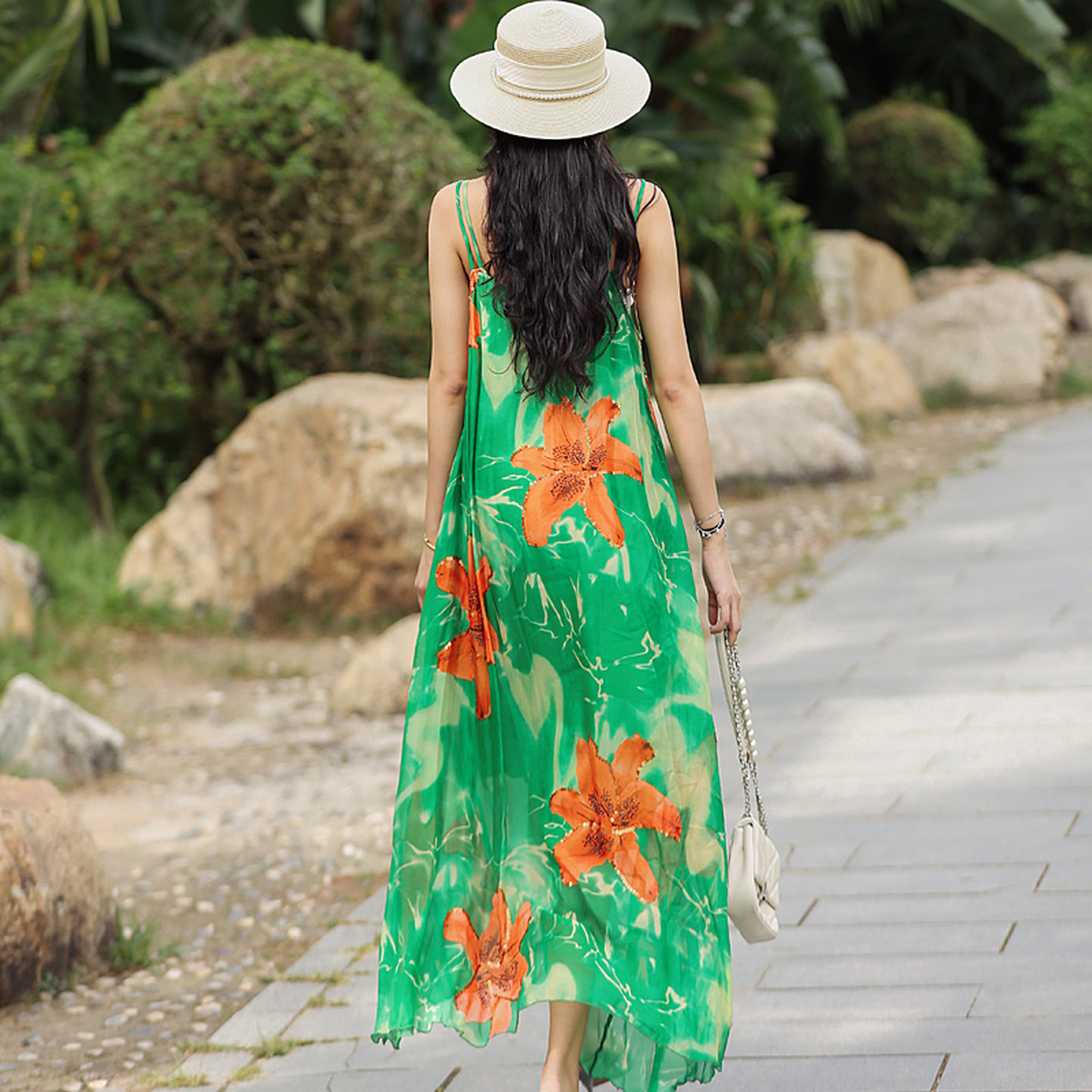 拜占庭的森林吊带真丝连衣裙宽松显瘦桑蚕丝背心海边度假沙滩长裙