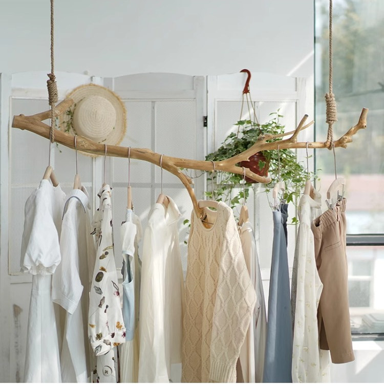 天然原木干树枝服装店创意复古网红简约橱窗上墙悬吊晾衣杆正品