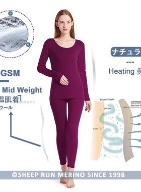 大牧场SHEEP RUN可机洗女美利奴羊毛保暖内衣套装贴身打底