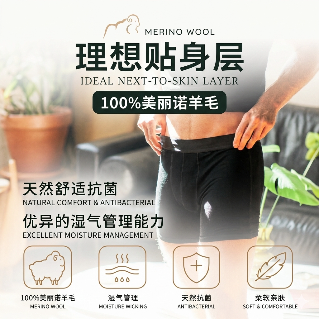 SHEEPRUN男美丽诺羊毛平角内裤