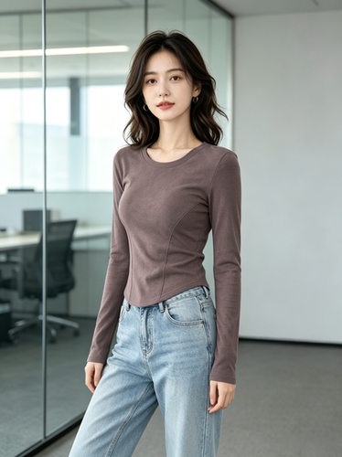韩系鱼骨正肩圆领长袖打底衫女2026秋大码胖MM基础款简约修身上衣