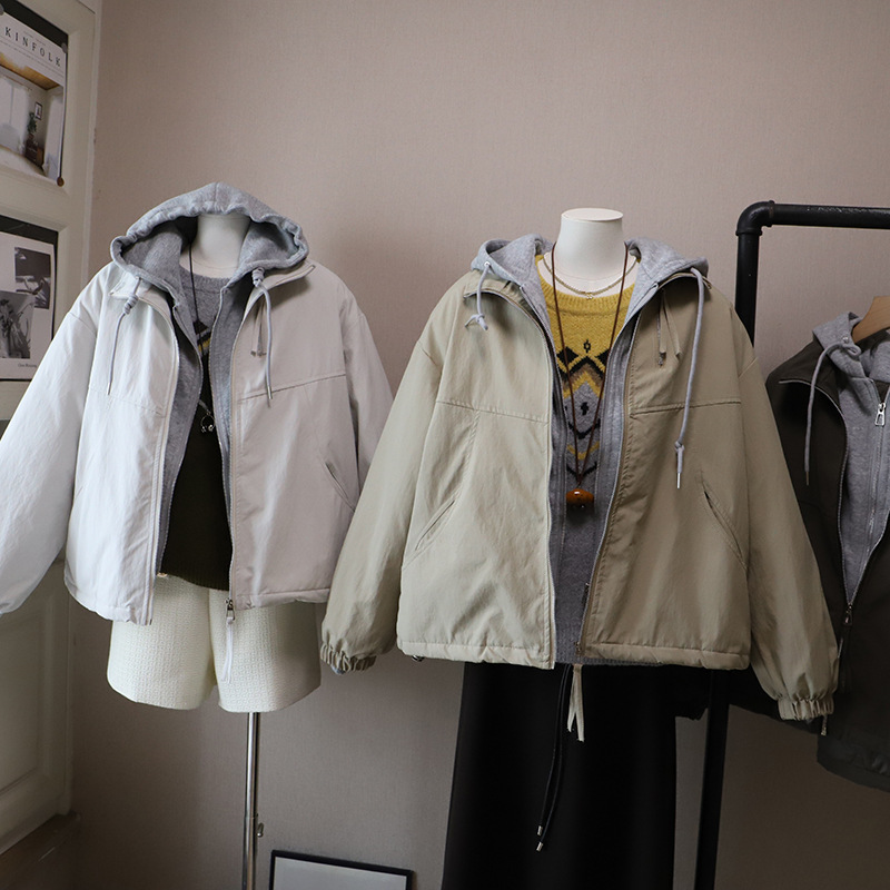 2025冬季新款连帽拼接假两件休闲棉服外套女装上衣韩版时尚5328比