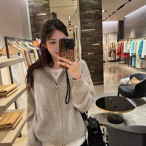 张贝贝ibell韩系宽松显瘦立体华夫格连帽开衫女休闲百搭羊毛外套