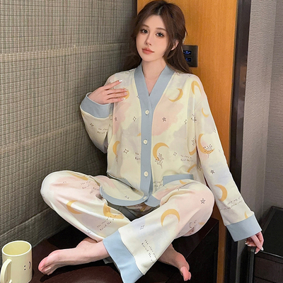 简约款带胸垫纯棉月子服夏秋季薄款产后产妇孕妇哺乳睡衣全棉秋冬 — 5