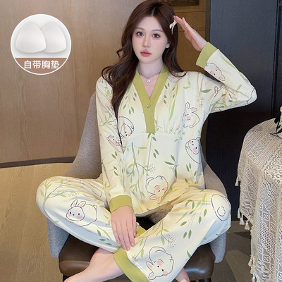 简约款带胸垫纯棉月子服夏秋季薄款产后产妇孕妇哺乳睡衣全棉秋冬 — 7