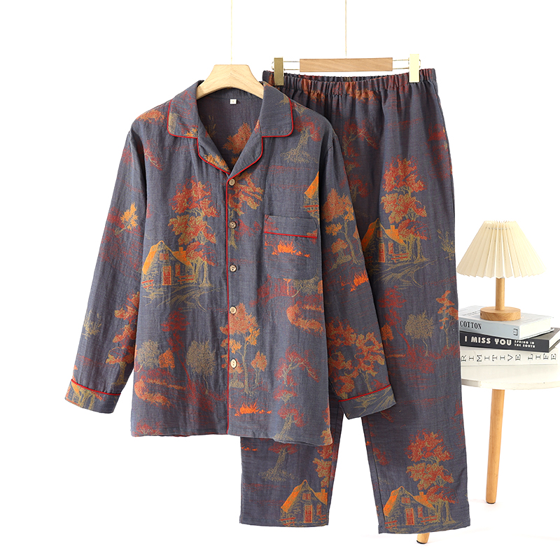 纯棉男睡衣长袖家居服春秋纱布