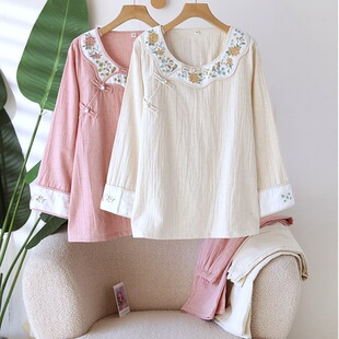 中式盘口圆领棉麻女睡衣古典国风长袖家居服套装春夏秋季薄款刺绣