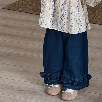 牛仔棉布牛仔裤甜美木耳边长裤
